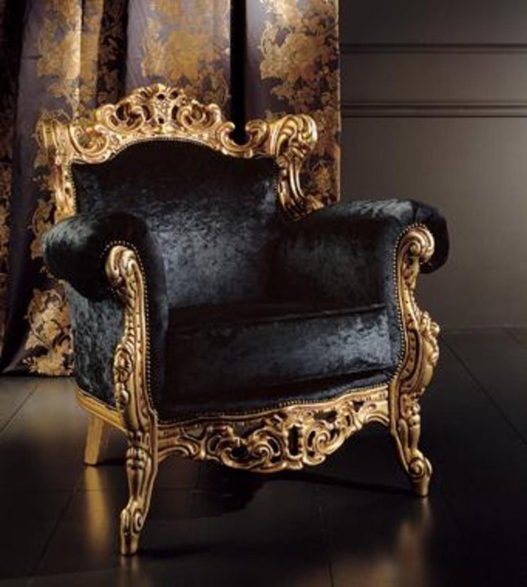 Barokní sedací souprava Fillandie křeslo v černé látce a zlaté patinaci