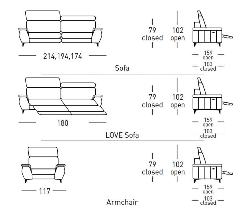 Rohová sedací souprava Spice ve světlé kůži - přehled rozměrů dvojpohovek a křesla