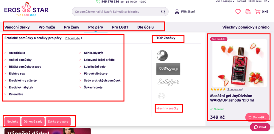 Výsledná podoba navigace, členění sekce „Pro páry“
