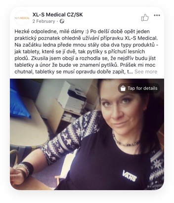 Ukázka facebookového příspěvku Ájy o XL-S medical
